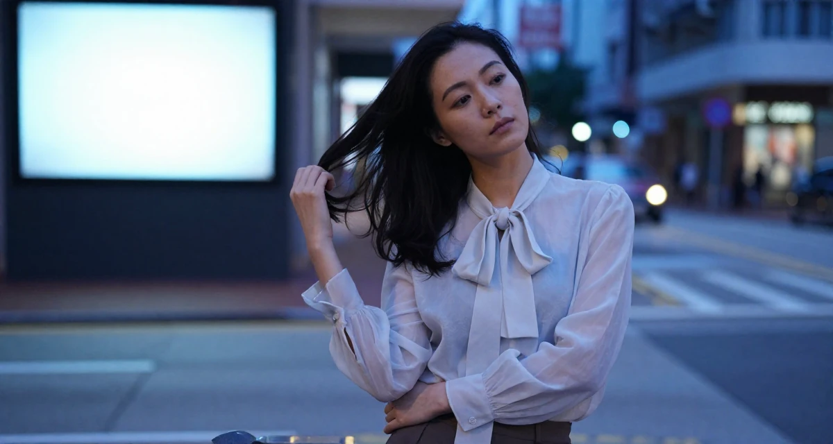A thoughtfully silent Female From Hong Kong, based in Kowloon, graduated from a community college majoring in film studies in their 27, embracing natural beauty and minimalism, wearing a sheer chiffon blouse with a bow tie neck and slacks, twirling a lock of hair in a urban street.