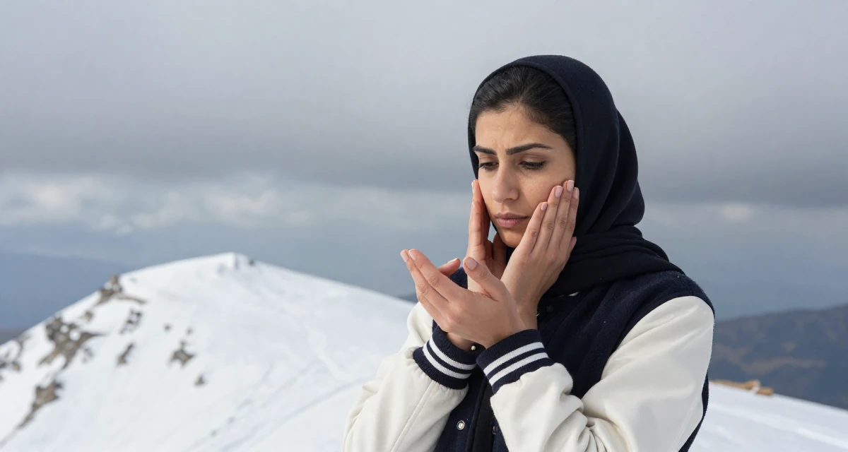 A stoic and strong Female From Arabic-speaking world, studied interior architecture in their 20, creating content for a growing online audience, wearing a casual varsity jacket look, inspecting fingernails in a snowy mountain peak.