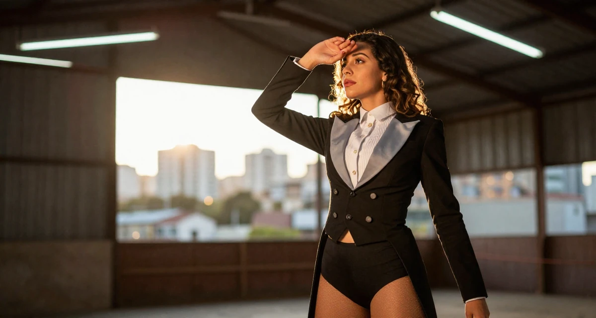 A resilient Female From Brazil, studied fashion merchandising in their 28, new to financial independence, wearing a circus ringmaster outfit with a tailcoat, shading eyes from the sun in a barn interior.