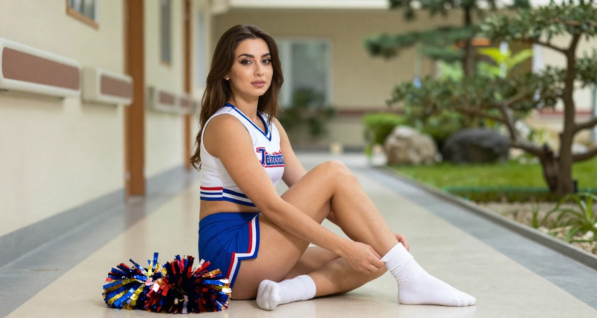 A aloof Female From Tajikistan, studied civil engineering in their 24, glowing with the confidence of experience, wearing a cheerleader uniform with a cropped top and pom-poms, pulling up a sock in a hospital corridor.