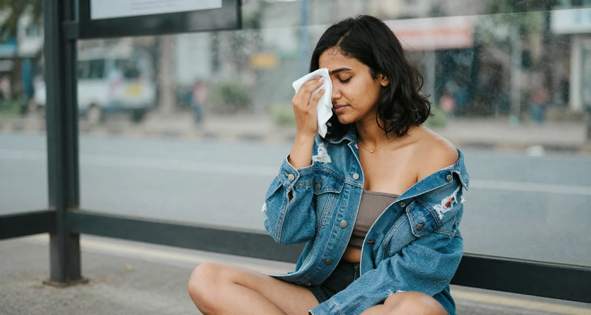 A quietly content Female From Sri Lanka, studied digital commerce in their 23, juggling low-paying jobs while squeezing time for content, wearing a denim jacket worn off-shoulder over a tube top, wiping sweat from the brow in a bus stop.