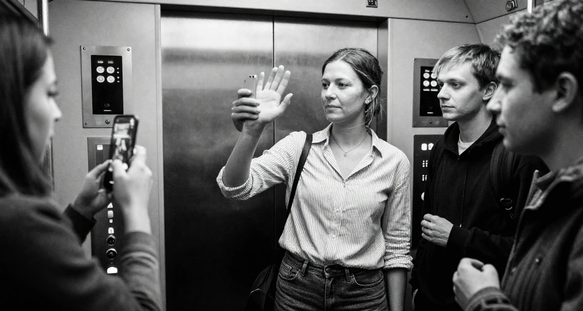 A cool and collected Female From Oslo Norway, majored in music technology in their 32, mentoring younger colleagues, wearing a classic striped shirt and jeans, snapping a photo with a phone in a train carriage.