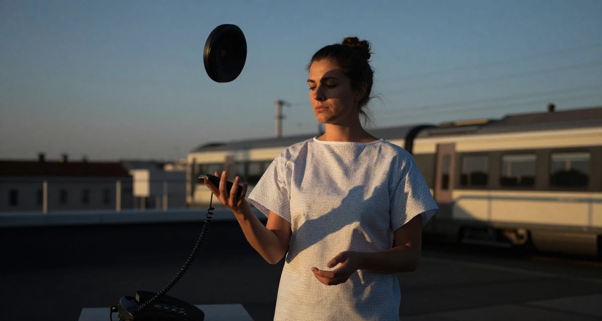 A distracted Female From Munich Germany, studied mechanical engineering in their 25, juggling early career and side gigs, wearing a hospital patient gown tailored to be form-fitting, taking a photo in a rooftop terrace at sunset.