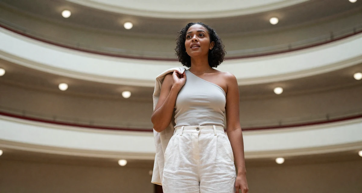 A passionate Female From Nairobi Kenya, holds a degree in communications in their 32, advocating for work-life boundaries, wearing a one-shoulder fitted top and white linen trousers, holding a jacket over a shoulder in a opera house balcony.