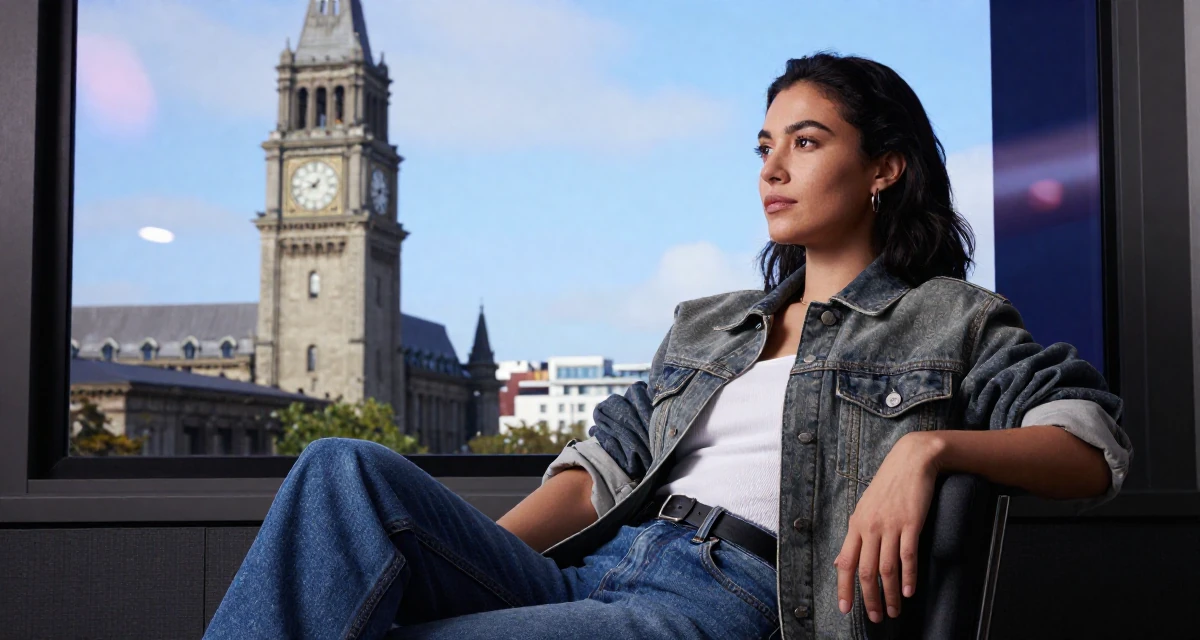 A reflective Female Born overseas, studied communication studies in their 23, managing early burnout from overcommitment, wearing a casual weekend brunch outfit, looking out the window in a tv set.