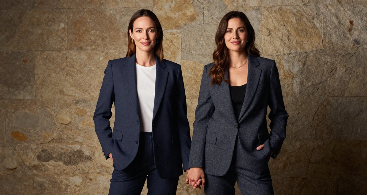 A amused Female Grew up in Australia, majored in digital communication in their 32, focusing on health and longevity habits, wearing a smart casual blazer ensemble, putting hands in pockets in a photo studio.