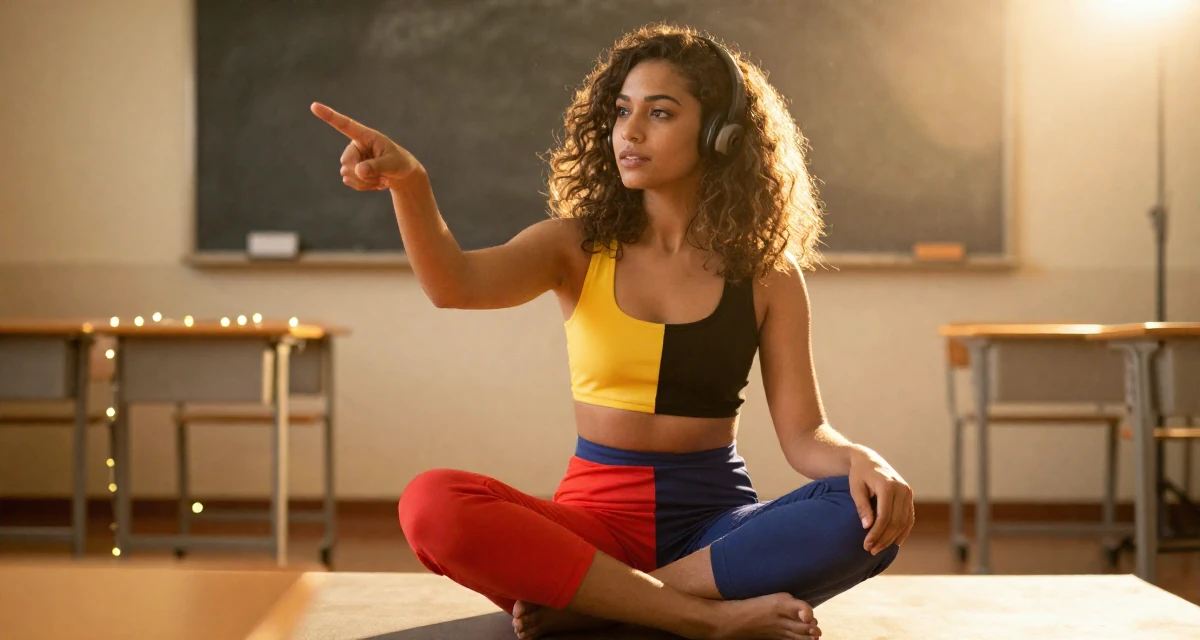 A guarded Female Once a biology student, now exploring sensual posing as art in their 22, learning how music influences the sexy vibe of content, wearing a bold color-block outfit, pointing at something nearby in a classroom setting.