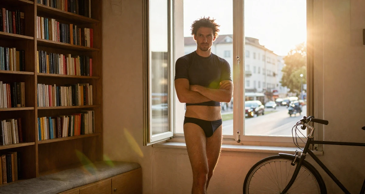 A sarcastic male From Geneva Switzerland, studied elegance-based visual storytelling in their 25, exploring monetization without compromising comfort, wearing a cropped rash guard and bikini bottom, crossing arms confidently in a cozy reading nook by a window.