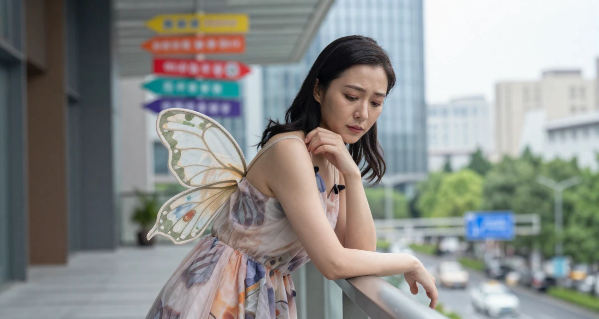 A melancholic Female Once a kindergarten teacher, now a full-time lifestyle content creator in their 47, preparing for the empty nest phase, wearing a butterfly-themed fairy dress with large wings, adjusting a shoulder strap in a modern skyscraper lobby.