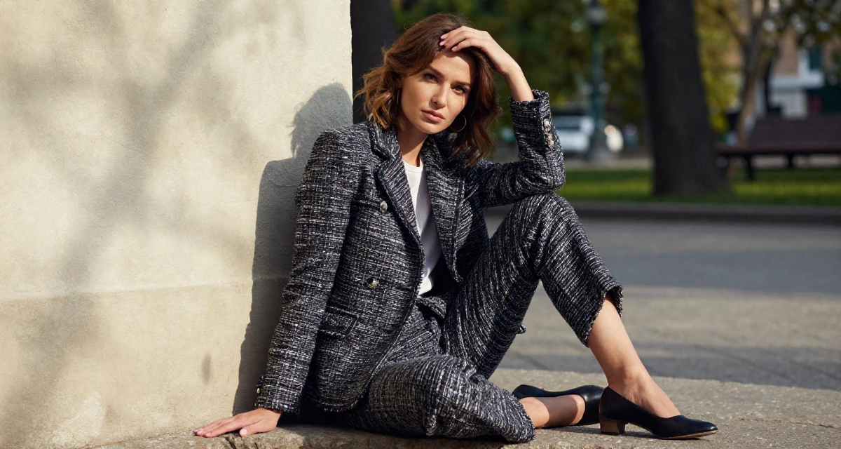 A bashful Female From Ukraine, based in Odessa, graduated from a design academy majoring in aesthetic content creation in their 40, embracing natural beauty and self-acceptance, wearing a classic chanel style tweed suit, tapping a foot in a quiet park.