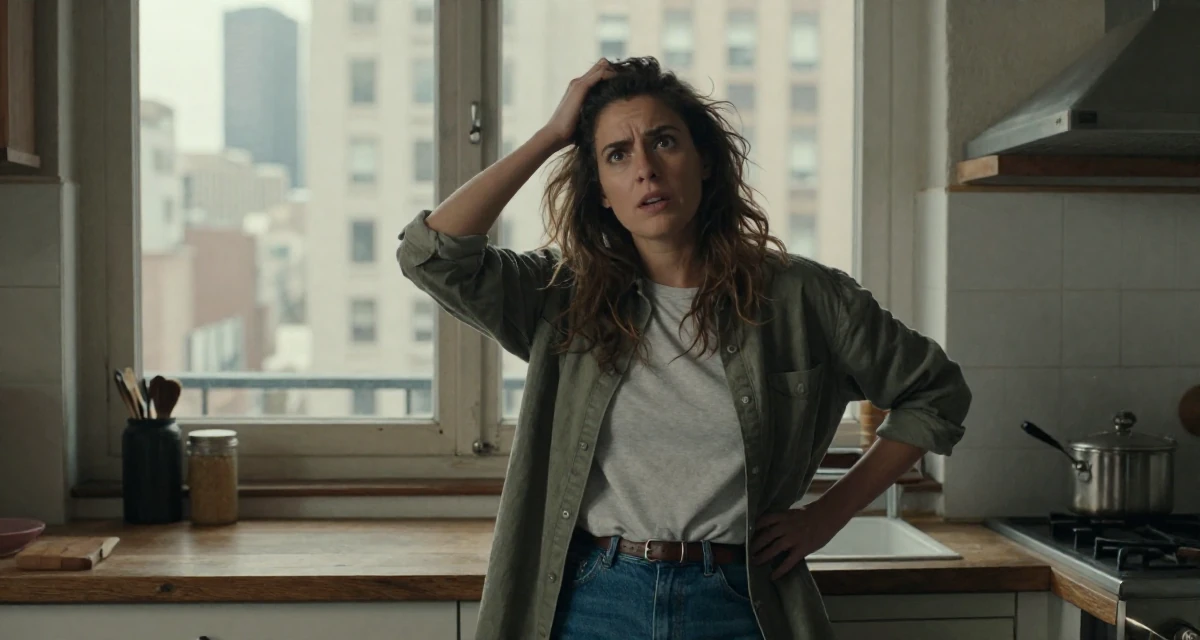 A wild Female From France, majored in cinema studies in their 24, exploring side hustles to supplement income, wearing a comfortable urban casual outfit, shifting weight impatiently in a rustic kitchen.