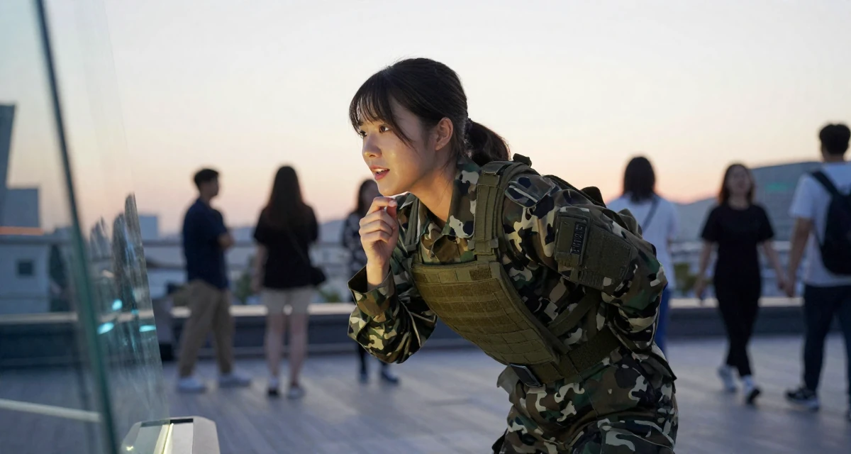 A glowing Female From Seoul South Korea, studied K-style beauty and content editing in their 25, figuring out social roles and self-image, wearing a commando outfit with camouflage paint and tactical harness, gripping a lapel in a rooftop terrace at sunset.