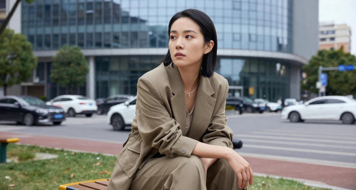 A dreamy Female From ChangSha China, holds a degree in human resource management in their 38, handling long working hours, wearing a muted earth-tone clothing set, watching traffic pass by in a school playground.