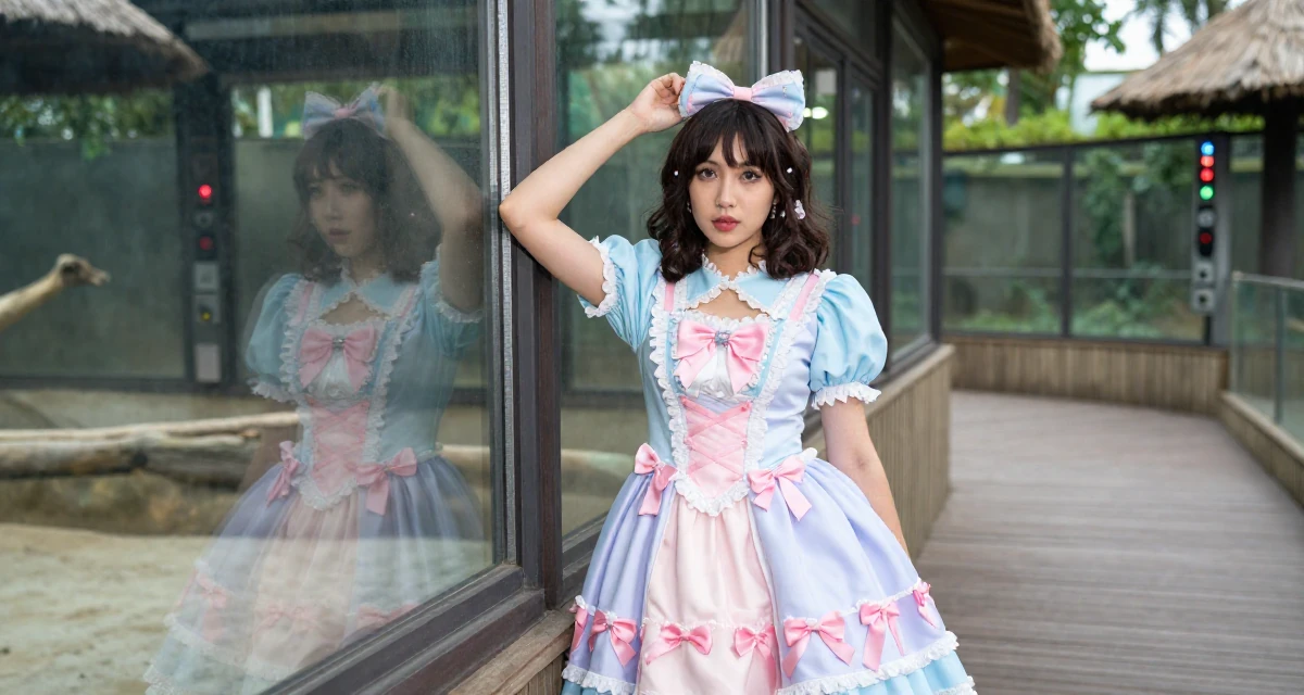 A bold and charismatic Female From Georgia, based in Batumi, graduated from a local academy majoring in social media management in their 34, refining personal style to be timeless, wearing a candy-themed magical girl dress with pastel colors, scratching a head lightly in a zoo enclosure path.