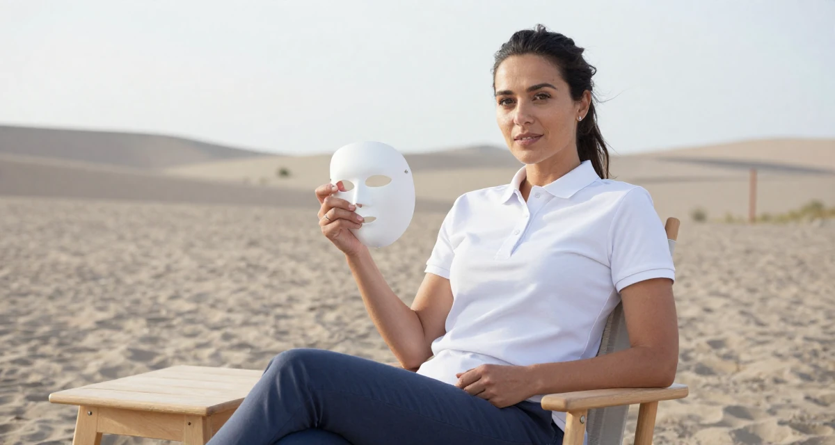 A bold and charismatic Female From Bergen Norway, focused on natural-light photography in outdoor settings in their 22, forming early ideas of personal branding, wearing a smart polo shirt and slacks, holding a mask (cosplay/prop) in a desert landscape.