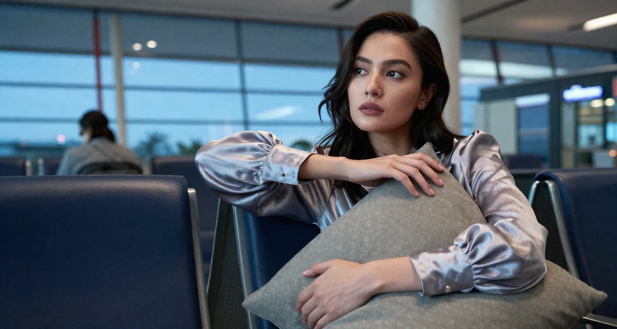 A yearning Female From Jakarta Indonesia, developed body-positive messaging through community work in their 23, shifting from impulsiveness to intentional planning, wearing a silk blouse with oversized cuffs, hugging a pillow or cushion in a airport terminal.
