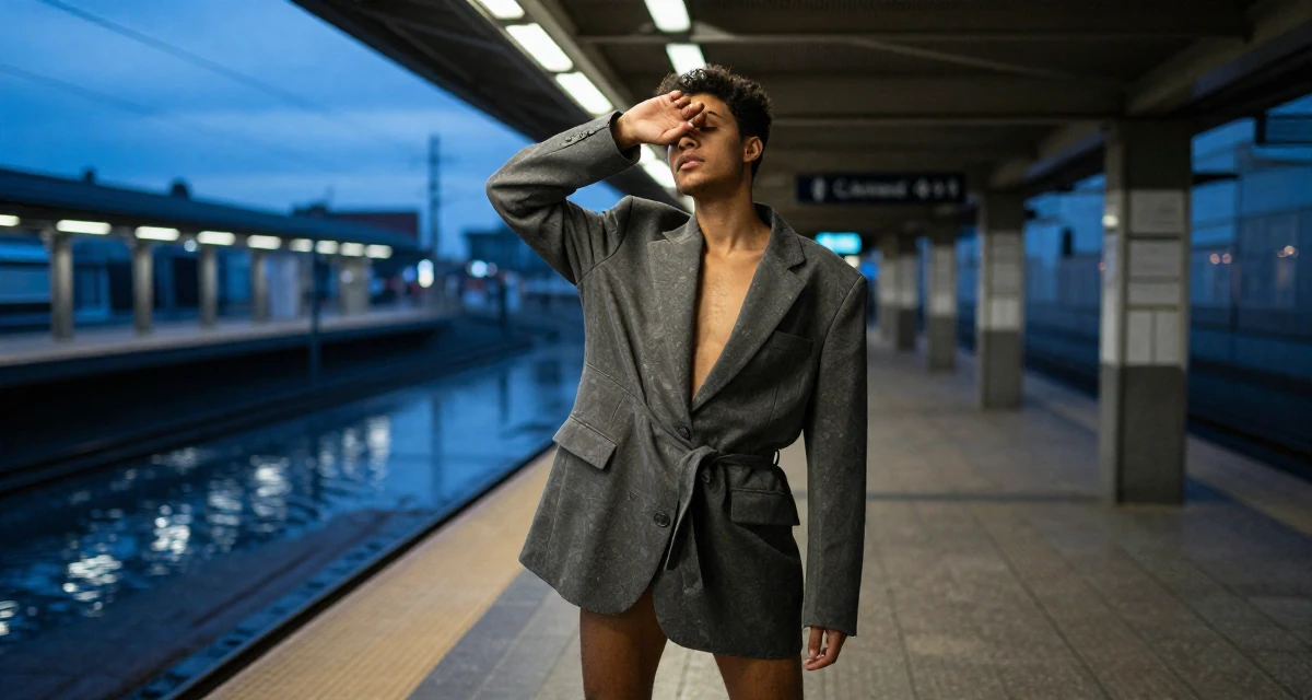 A wistful male From Canada, majored in anthropology in their 22, transitioning to more confident, sensual poses, wearing a oversized blazer worn as a dress with a belt, covering eyes from the sun in a subway station.