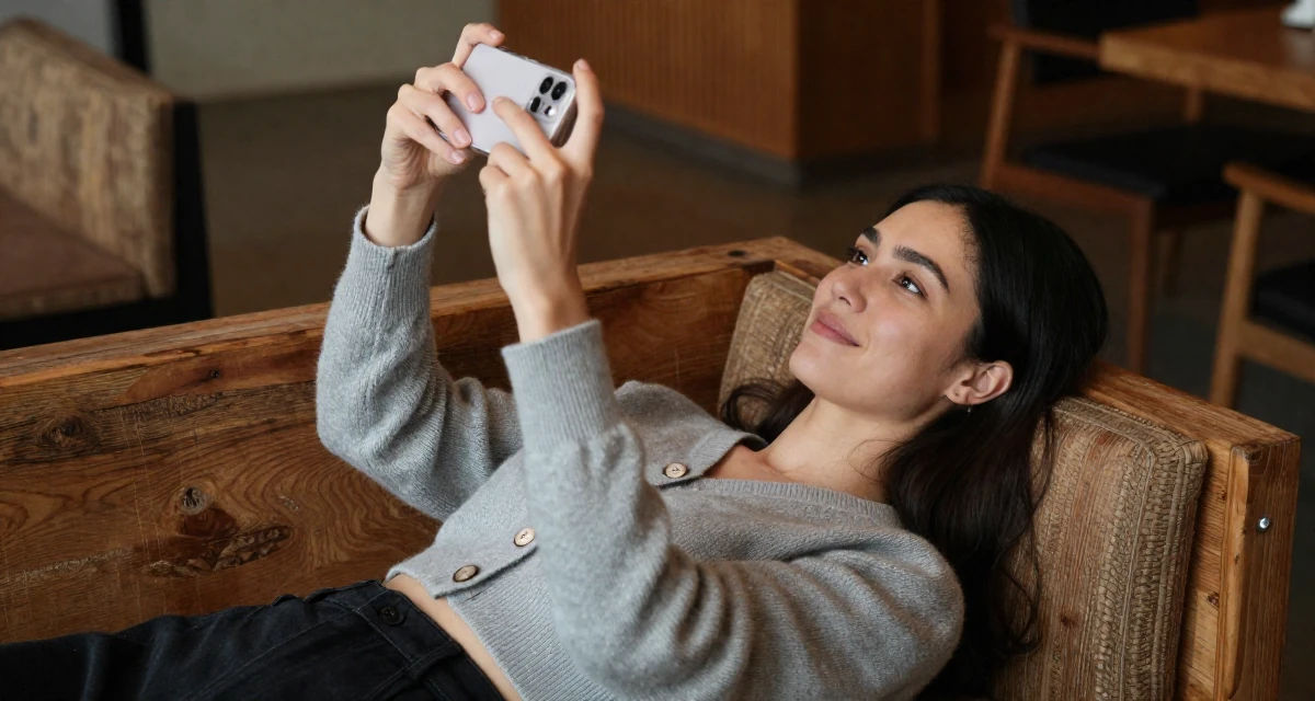 A gently amused Female Former graphic design student, now using visuals for intimate storytelling in their 27, learning that passion doesn’t protect you from stress, wearing a cropped cardigan with only one button fastened, snapping a photo with a phone in a hotel lobby.