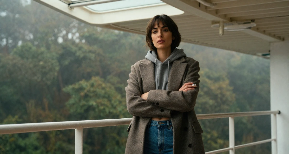 A composed Female From Lisbon Portugal, learned storytelling through movement in their 25, wearing a tailored coat and looking sharp, wearing a cropped hoodie showing midriff and low-rise jeans, holding a cigarette (lit or unlit) in a cruise ship deck.