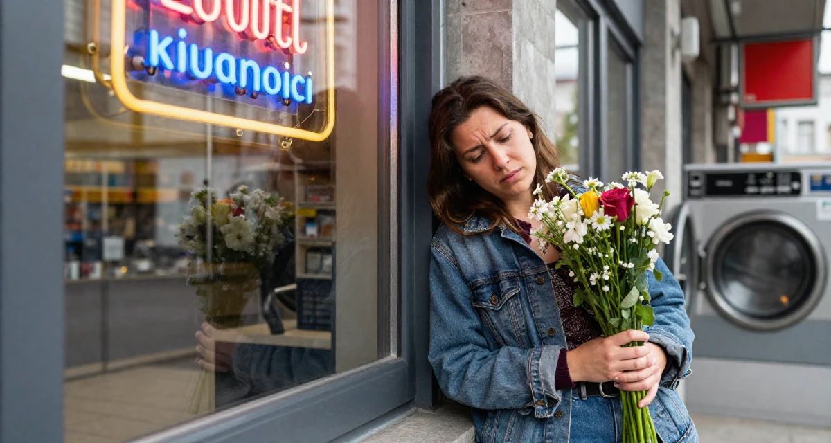 A humble Female From Prague Czech Republic, majored in multimedia journalism in their 20, feeling overwhelmed by academic pressure and expectations, wearing a modern grunge aesthetic, holding a bouquet in a laundromat with neon signs.