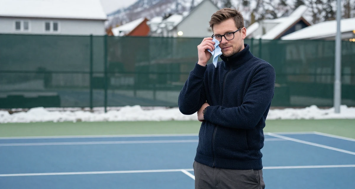 A confident male From Norway, based in Bergen, graduated from a regional college majoring in creative communication in their 35, sharing luxury travel experiences on a budget, wearing a polished loafer and trousers look, cleaning glasses with a cloth in a tennis court.