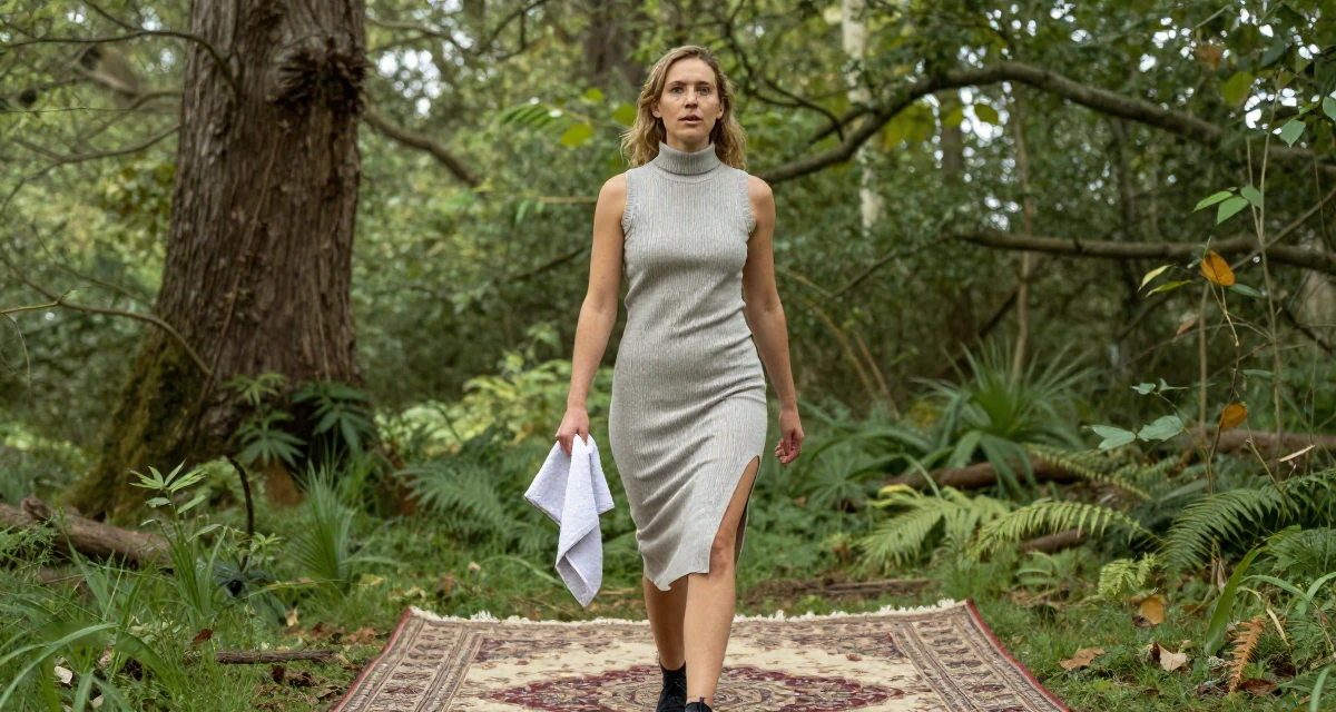 A focused Female From UK, has a background in history and archaeology in their 32, seeking intellectual challenges over busy work, wearing a sleeveless turtleneck dress with high side slits, holding a gym towel in a magical forest clearing.