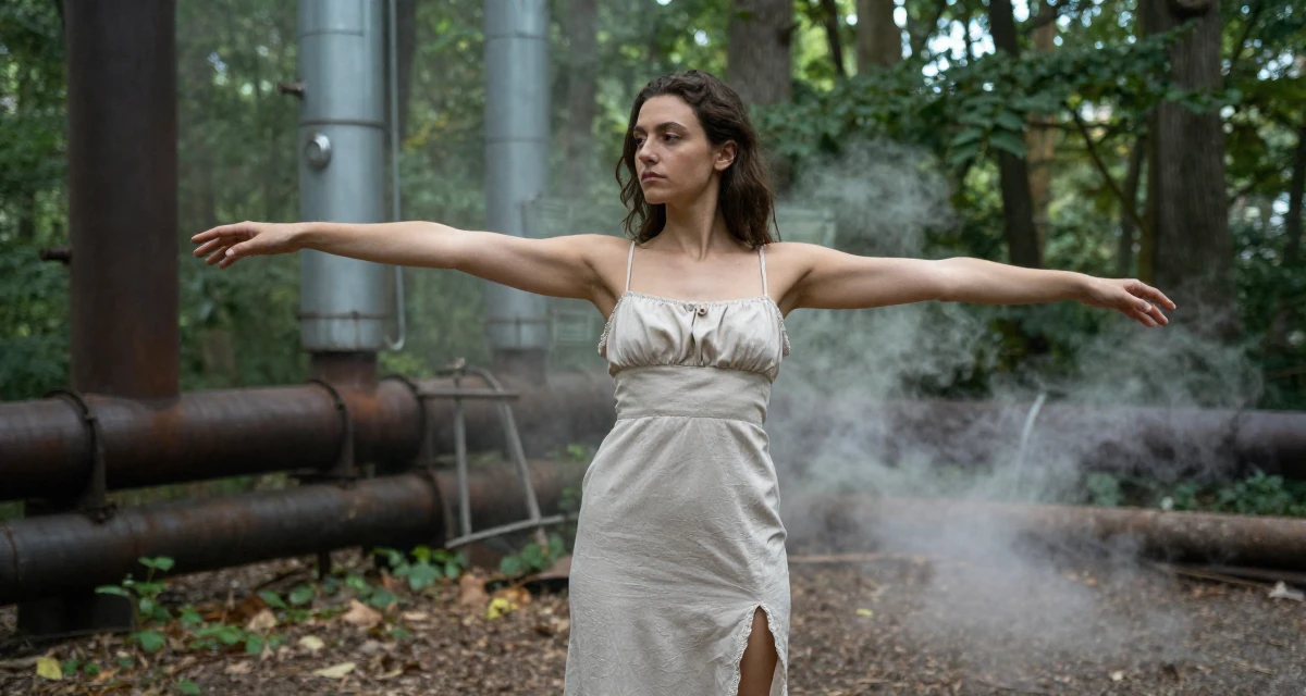 A cool and collected Female From Paris France, studied artistic nude photography as a creative discipline in their 37, trying to stabilize income, wearing a spaghetti strap summer dress with a high slit, stretching arms in a magical forest clearing.