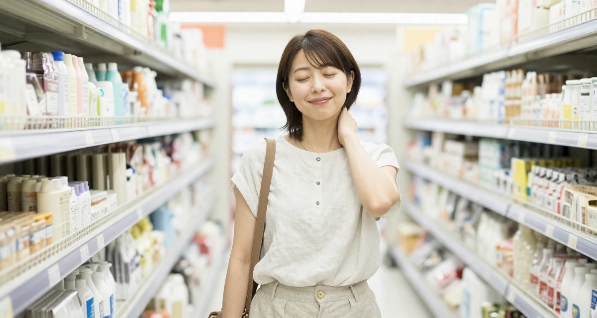 A vibrant and alive Female From Japan, majored in interactive media in their 50, feeling more vibrant and energetic than ever, wearing a chic summer linen outfit, massaging the neck in a supermarket aisle.