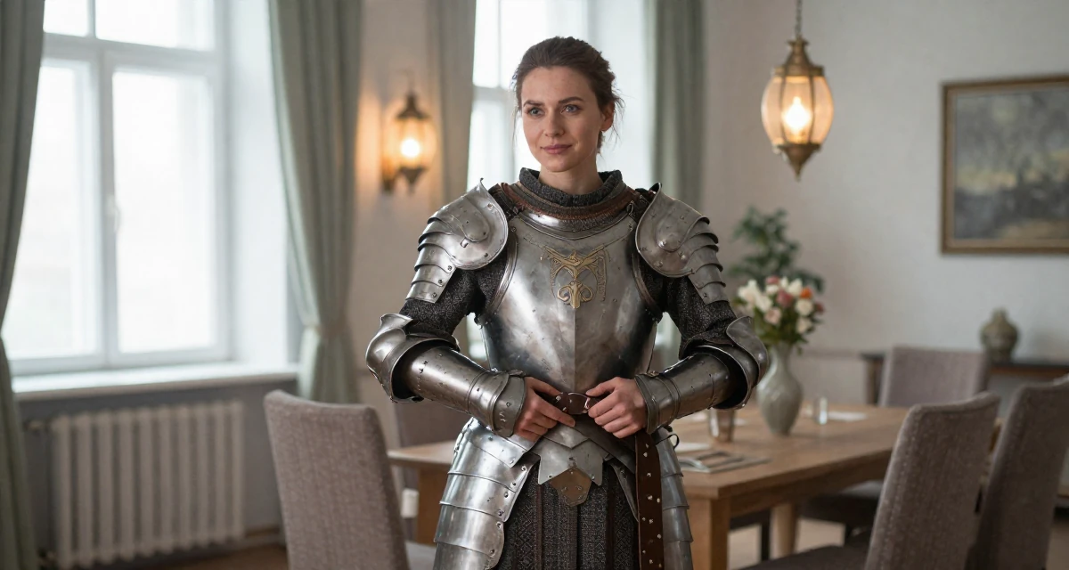 A sympathetic Female From Saint Petersburg Russia, studied fine arts in their 36, rebuilding after a breakup, wearing a battle-damaged armor showing skin underneath, adjusting a belt in a dining room.