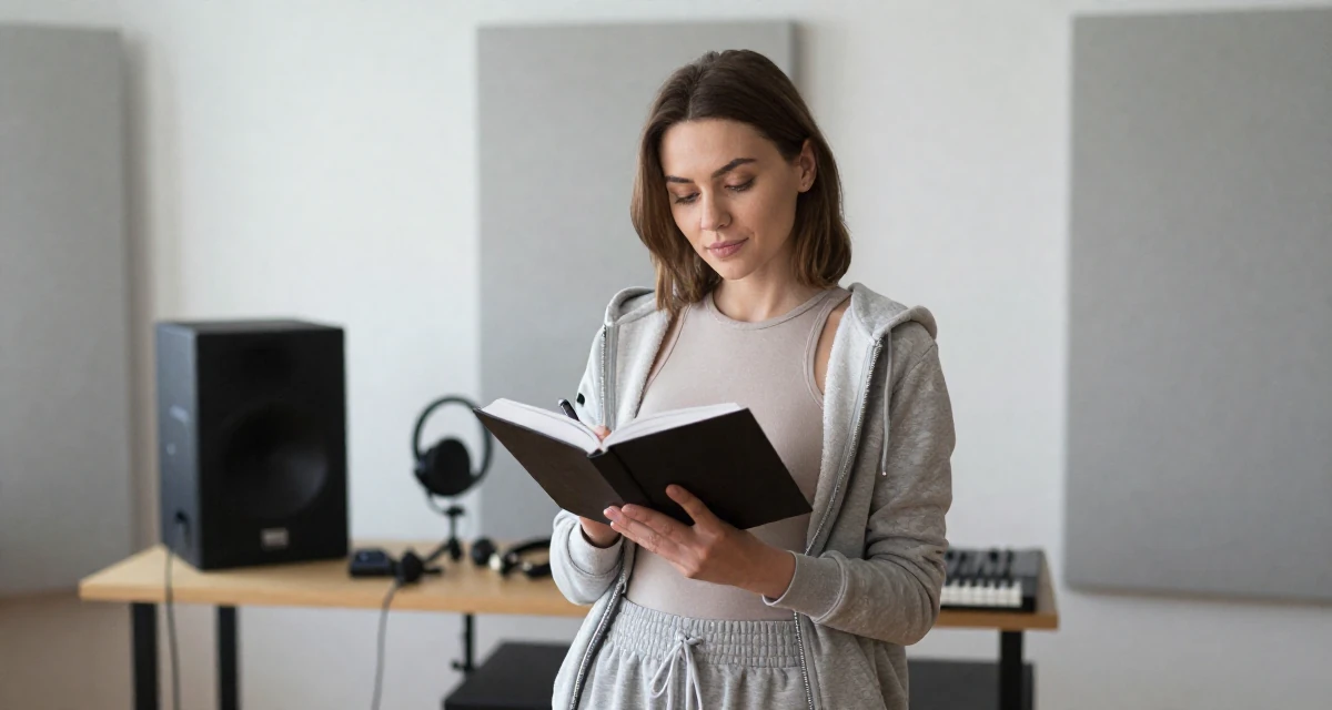 A subtly confident Female From Moscow Russia, majored in linguistics in their 36, documenting the process of writing a book, wearing a high-cut bodysuit paired with loose jogging bottoms, zipping up a hoodie in a music recording studio.