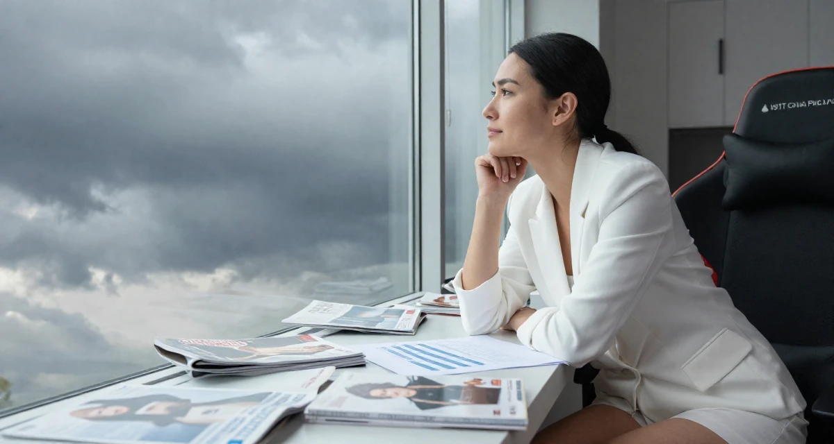 A calm Female Born in New Zealand, studied creative media production in their 48, preparing for long-term financial planning, wearing a white blazer and matching white shorts, looking out the window in a gaming room.