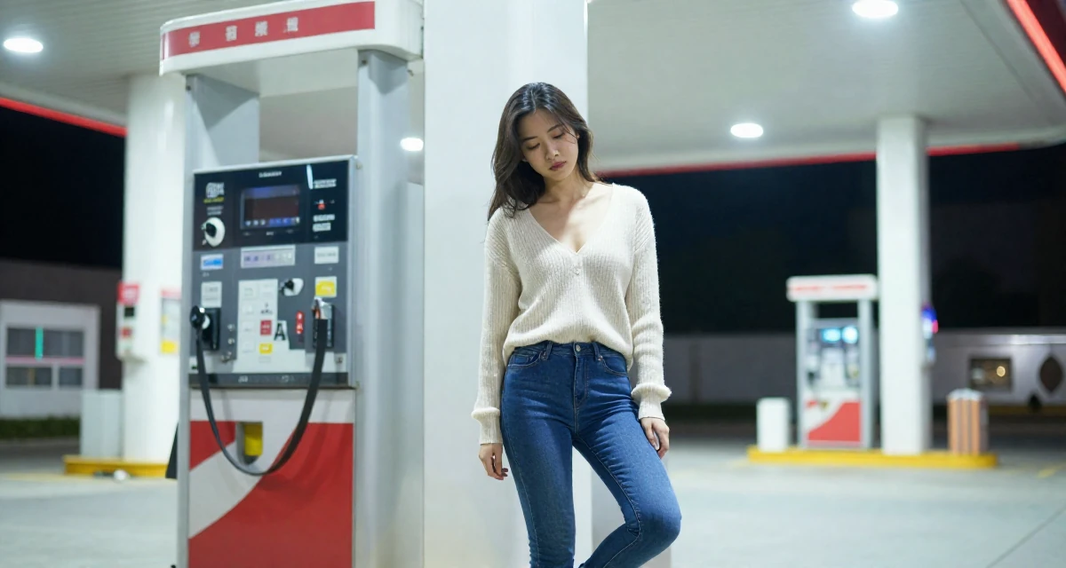 A exhausted Female From Wuhan China, learned social media branding through indie projects in their 25, balancing school assignments with content ideas, wearing a plunging v-neck sweater and skinny jeans, looking down at the ground shyly in a gas station at night.