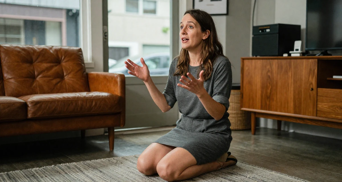 A enthusiastic Female From Canada, based in Vancouver, graduated from an arts institute majoring in creative media in their 50, established authority in a niche industry, wearing a t-shirt dress with the sleeves rolled up, gesturing while talking in a home interior.