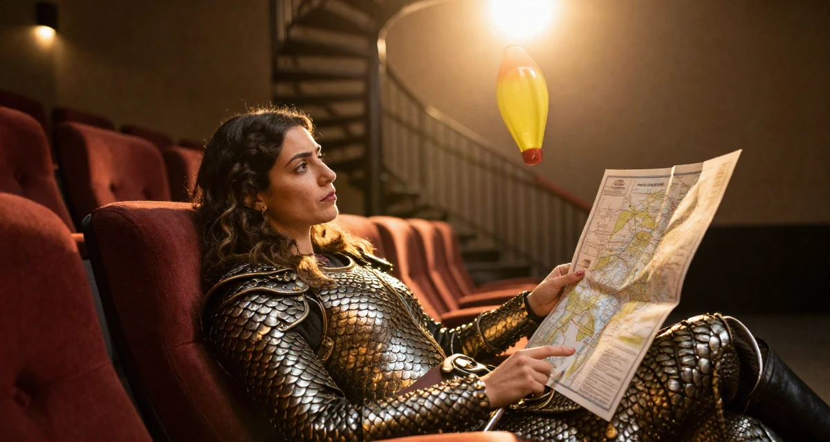 A puzzled Female Raised in Turkey, studied media relations and advertising in their 35, juggling co-parenting and a dating life, wearing a dragon scale armor texture with metallic sheen, looking at a map in a cinema lobby.