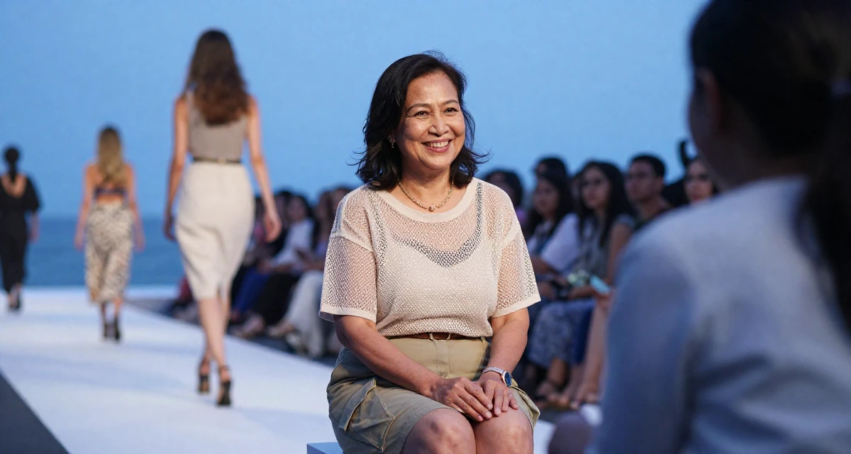 A upbeat Female From Johor Malaysia, learned portrait photography through freelance work in their 48, grandmother sharing joy and family recipes, wearing a layered mesh top and cargo mini skirt, smiling at a stranger in a fashion runway.