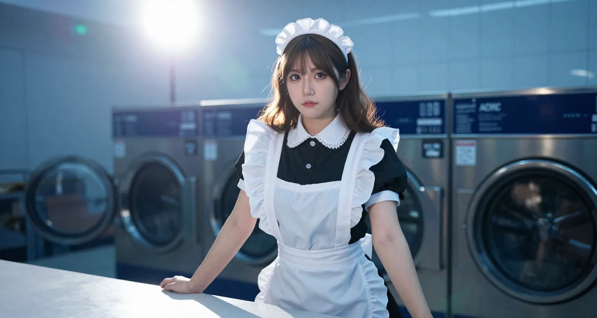 A proud Female From Netherlands, studied media and culture in their 23, exploring flirtatious selfies that feel natural, wearing a maid outfit with a white apron and ruffled headband, resting hands on a table in a laundromat.