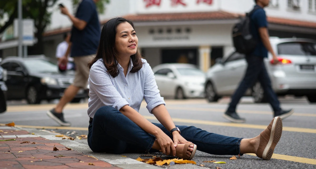 A compassionate Female From Malaysia, based in Penang, graduated from a private university majoring in digital media in their 35, commanding respect without raising a voice, wearing a refined casual Friday look, tapping a foot rhythmically in a busy intersection.