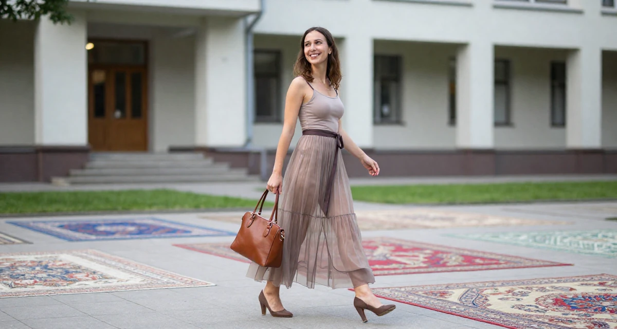 A joyful Female From Slovakia, based in Bratislava, graduated from a media school majoring in mood-driven digital design in their 24, establishing a distinct professional reputation, wearing a sheer maxi skirt with a bodysuit underneath, carrying a leather handbag in a university campus.