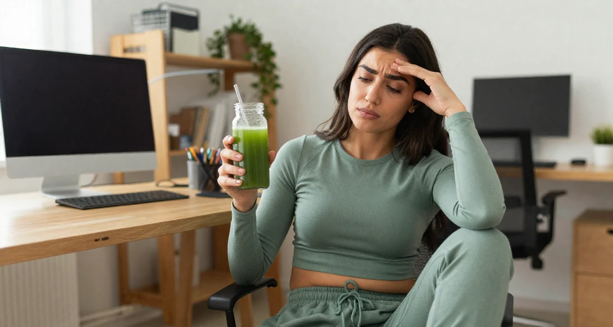 A confused Female From Arabic-speaking world, majored in health administration in their 24, wearing activewear and holding a green juice, wearing a tight long-sleeve crop top and jogger pants, resting a hand on the forehead in a office workspace.