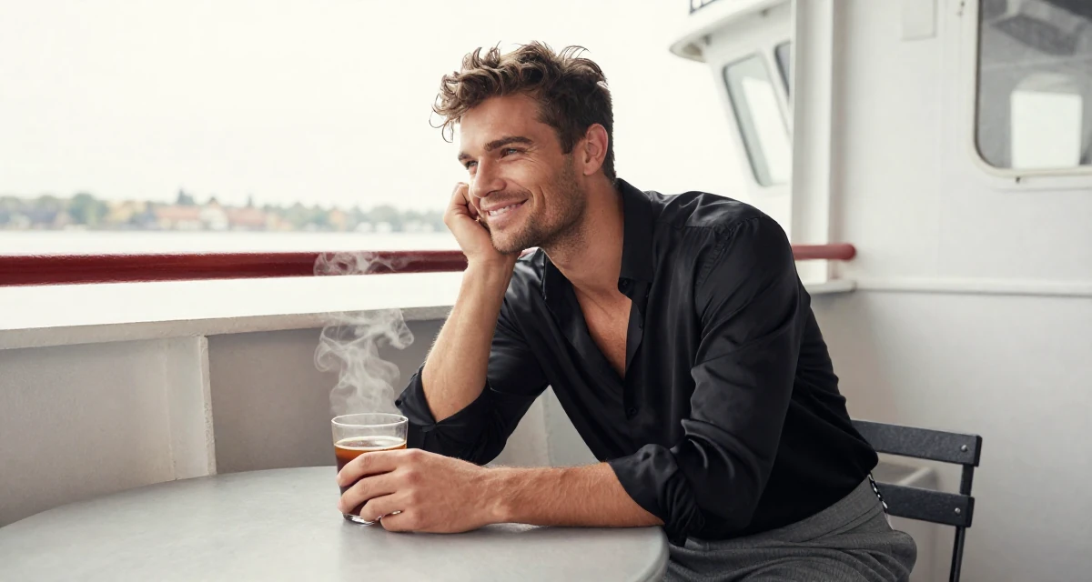 A warm and welcoming male From Stockholm Sweden, studied minimalist aesthetics and body symmetry in their 23, experimenting with bolder lingerie styles while staying safe, wearing a black silk blouse slightly unbuttoned and a grey skirt, resting hands on a table in a ferry deck.