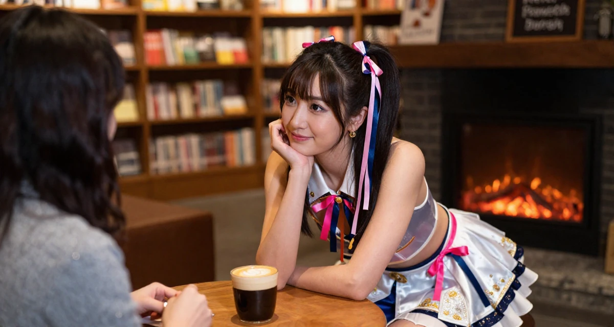 A engrossed Female Former spa receptionist, now blending beauty with calm-aesthetic content in their 48, fitness instructor focused on mobility and strength, wearing a anime idol stage costume with ribbons and glitter, smiling at a stranger in a bookstore aisle.