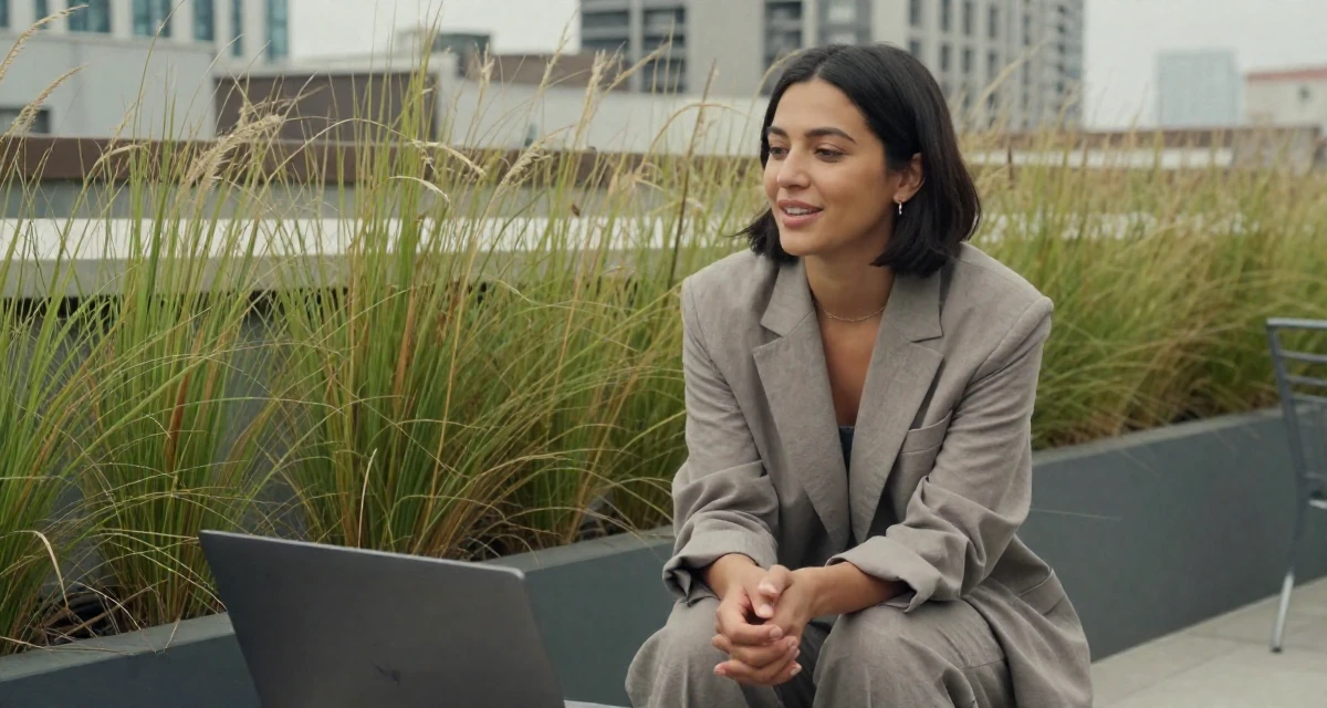 A grateful Female Former Uber driver, now building slow-burn lifestyle storytelling in their 26, working through back-to-back burnout cycles, wearing a relaxed fit suit separate, clasping hands together in a rooftop terrace.