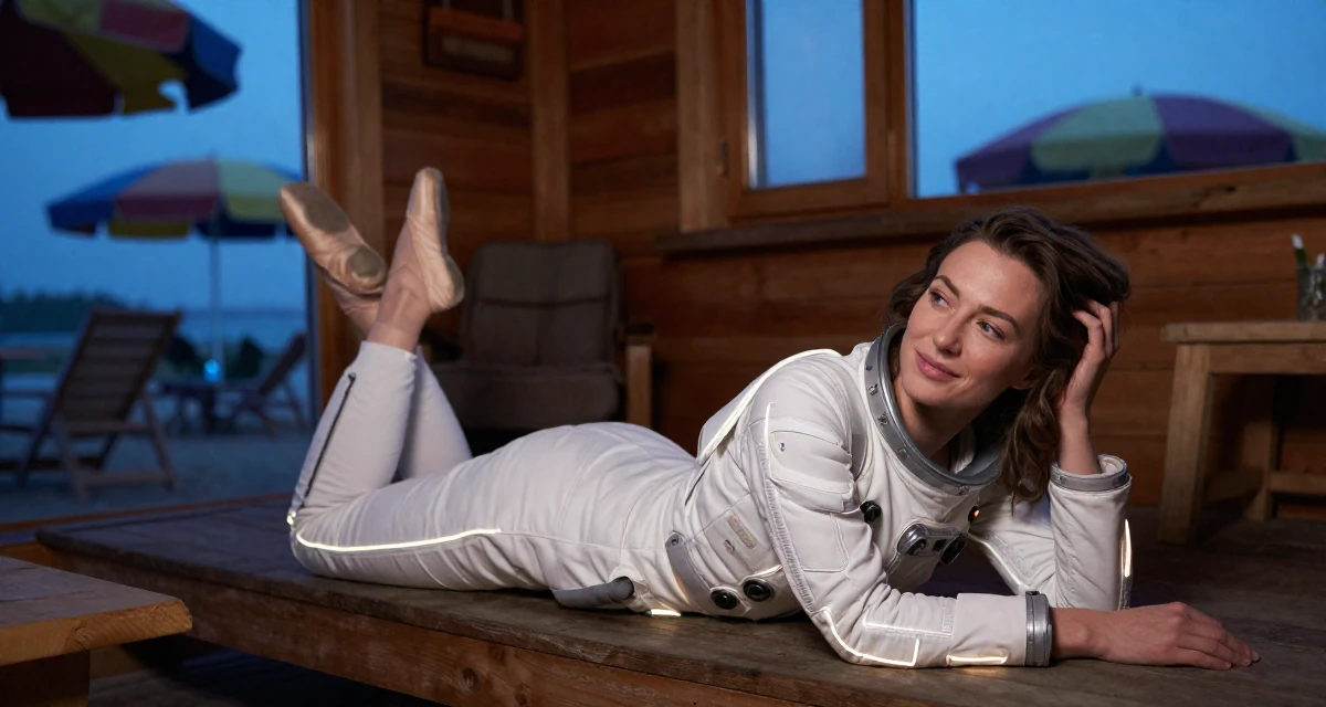 A relaxed and carefree Female From Russia, trained as a classical ballerina in their 33, exploring luxury travel and fine living, wearing a futuristic space pilot plugsuit with glowing lines, running fingers through hair in a rustic wooden cabin interior.