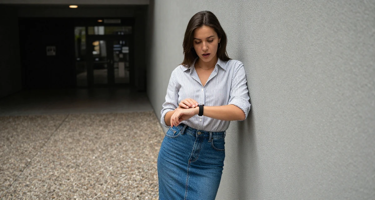 A subtly surprised Female From Switzerland, based in Zurich, graduated from a creative institute majoring in high-end glam production in their 24, maintaining anonymity while growing faster, wearing a striped button-down shirt tucked into a denim pencil skirt, glancing at a wristwatch in a cinema lobby.
