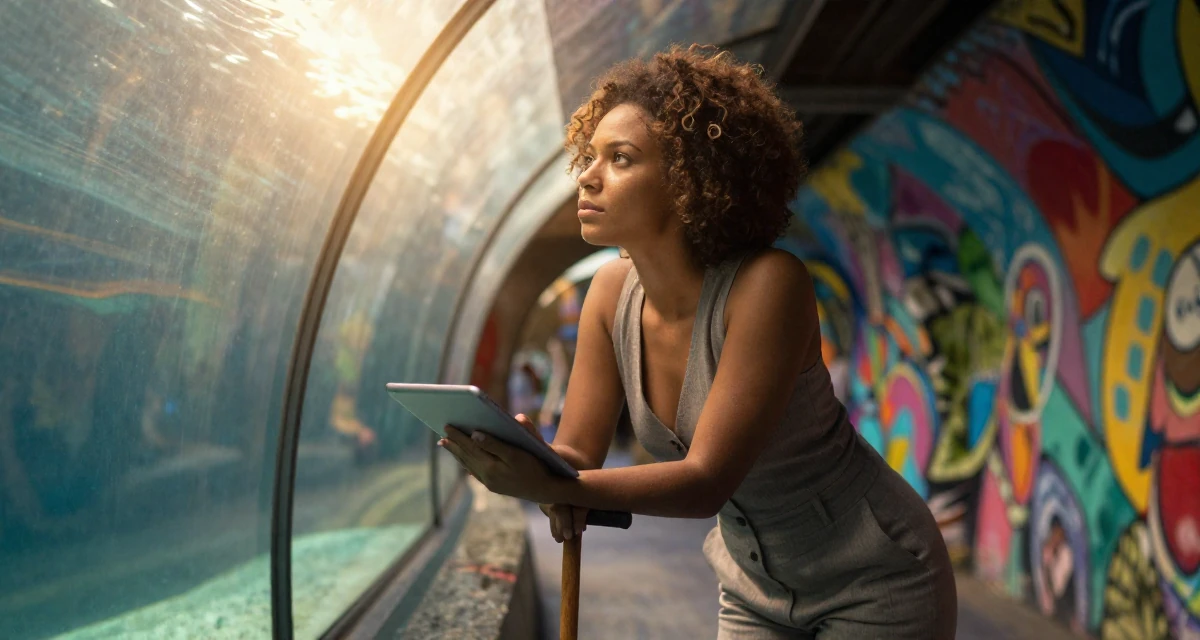 A contemplative Female From Trinidad & Tobago, studied performing arts in their 23, creating photo sets that feel intimate but not explicit, wearing a fitted vest top worn without a shirt underneath and slacks, holding a tablet device in a aquarium tunnel.