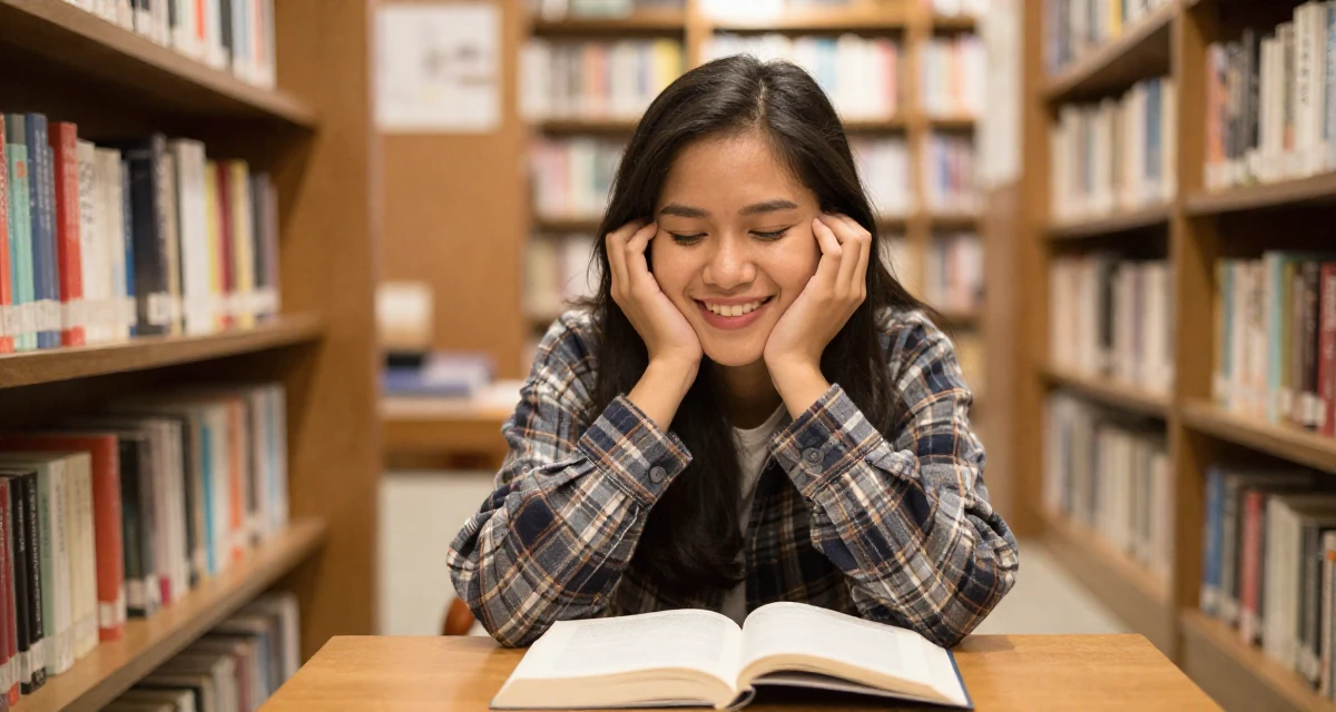 A warmhearted Female From Thailand, majored in entertainment business in their 25, dealing with pressure to choose a major, wearing a cozy oversized flannel, laughing softly in a bookstore aisle.