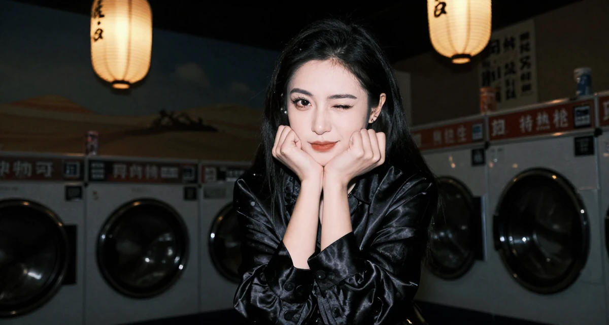 A dignified Female From Wuhan China, learned social media branding through indie projects in their 24, handling the transition from student to adult identity, wearing a silk blouse with oversized cuffs, winking playfully in a laundromat.