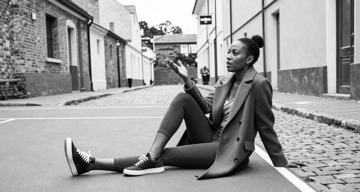 A lonely Female From Johannesburg South Africa, explored fitness lifestyle content in their 20, exploring identity through bold fashion choices, wearing a tailored coat with casual sneakers, gesturing while talking in a tennis court.