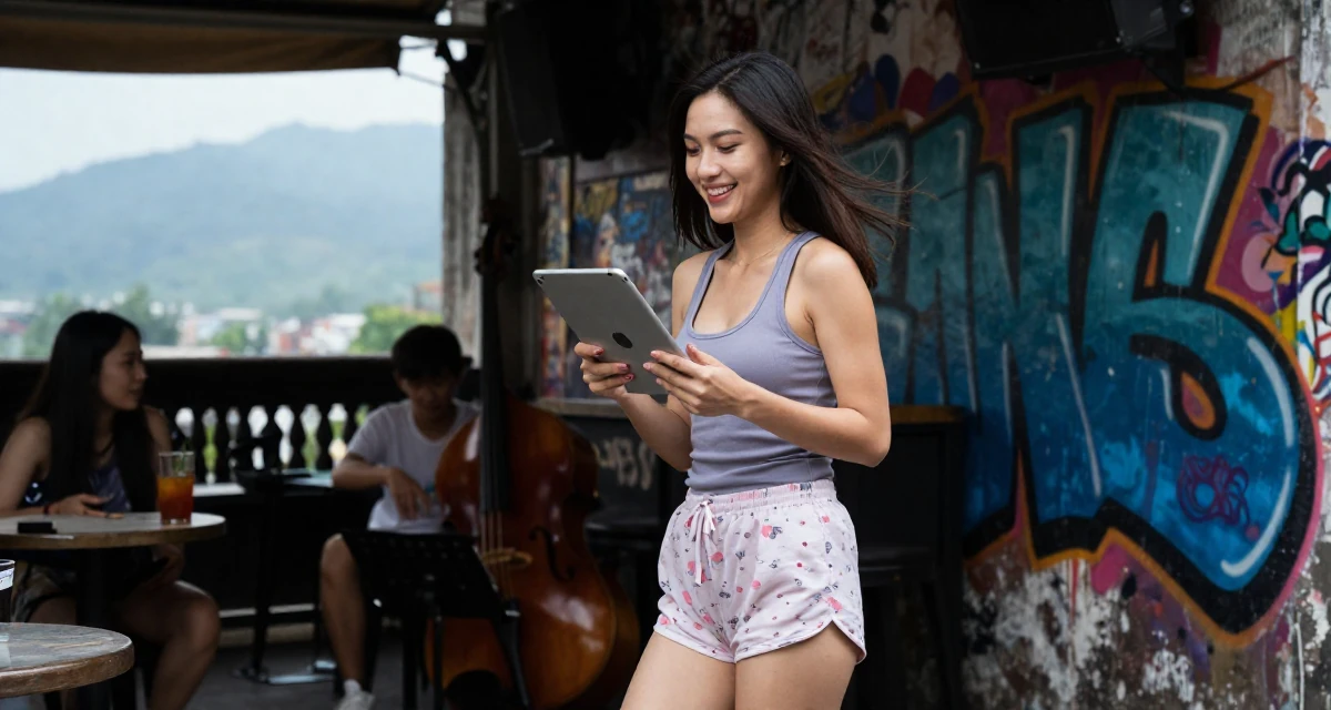 A joyful Female From Ho Chi Minh City Vietnam, studied multimedia design in their 23, realizing “less is more” in seductive storytelling, wearing a fitted racerback tank and pajama shorts, holding a tablet device in a dimly lit jazz bar.