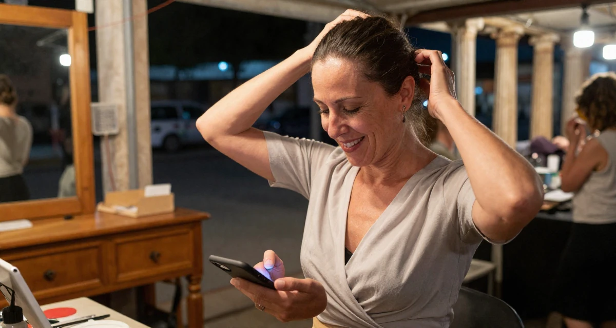 A cheerful Female Once a ballet dropout, now redefining movement through intimate expression in their 50, inspiring others to start over at any age, wearing a wrap blouse with a deep neckline, unlocking a phone screen in a night market stall.